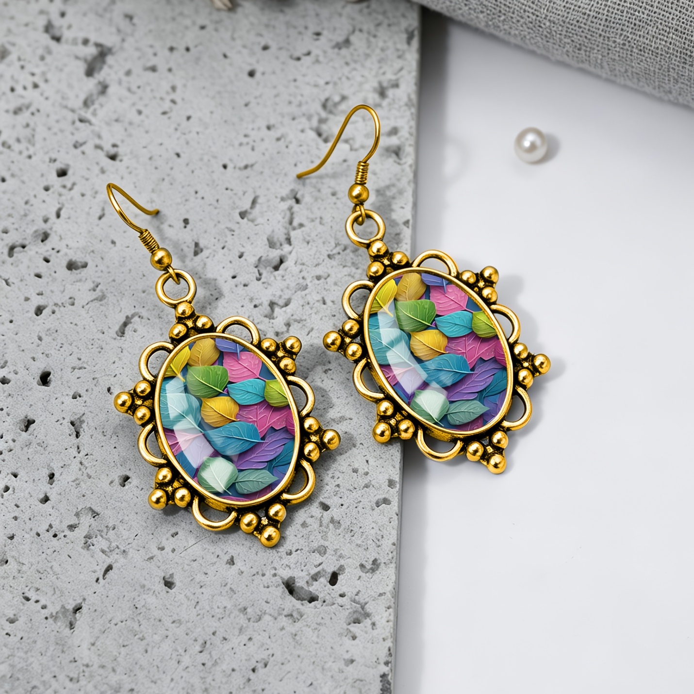Colorful Leaf-Patterned Oval Earrings, Unisex Gift